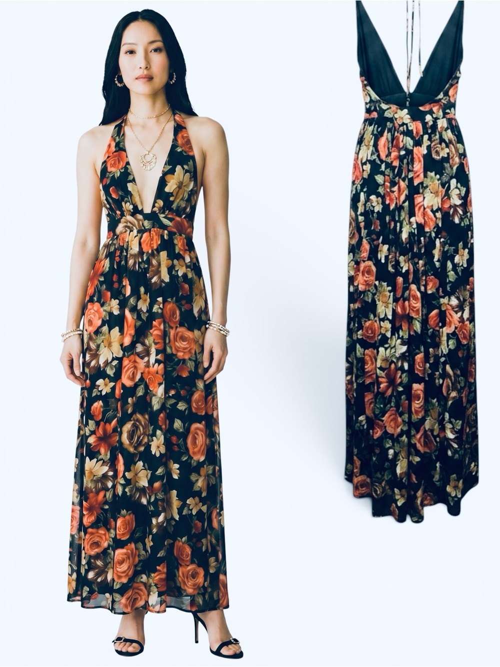 Mind Code Black Floral Deep V-Neck Strappy Maxi Dress